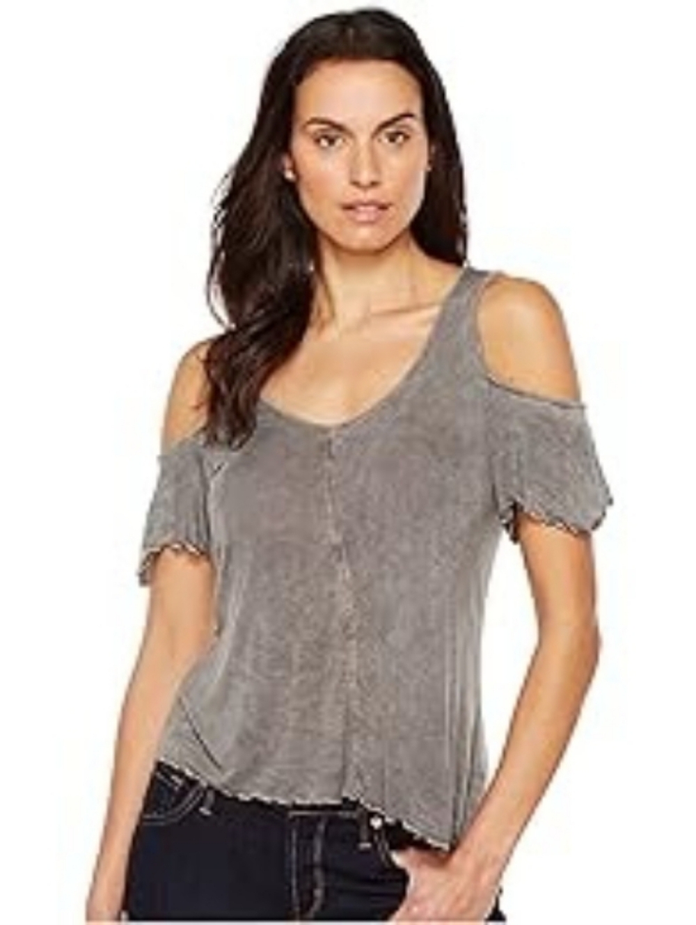 Modal Cold-Shoulder V-Neck Stretch Top - Gray